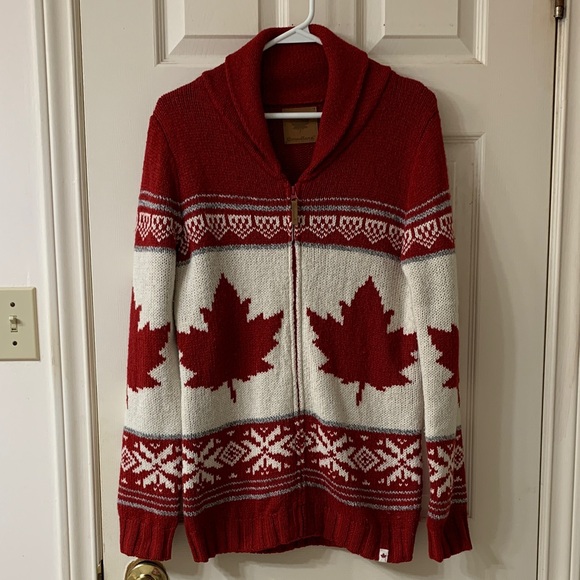 Canadiana Sweaters - Canadiana, US M, Red & White Long Sleeve Canada Maple Leaf Cardigan